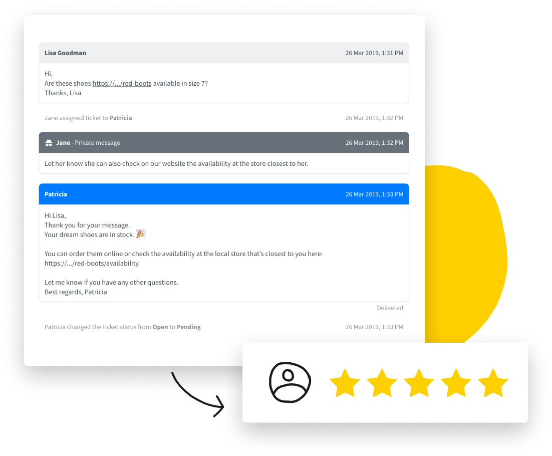 HelpDesk tickets view combined with an illustration of a 5-star review