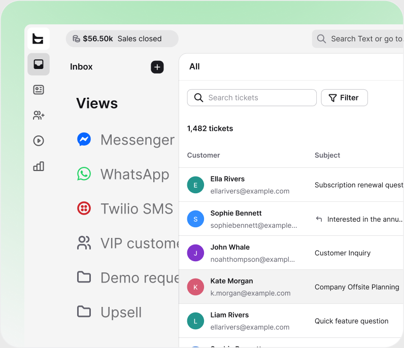 Ticket list in the HelpDesk AI help desk with priorities, teammates, and statuses
