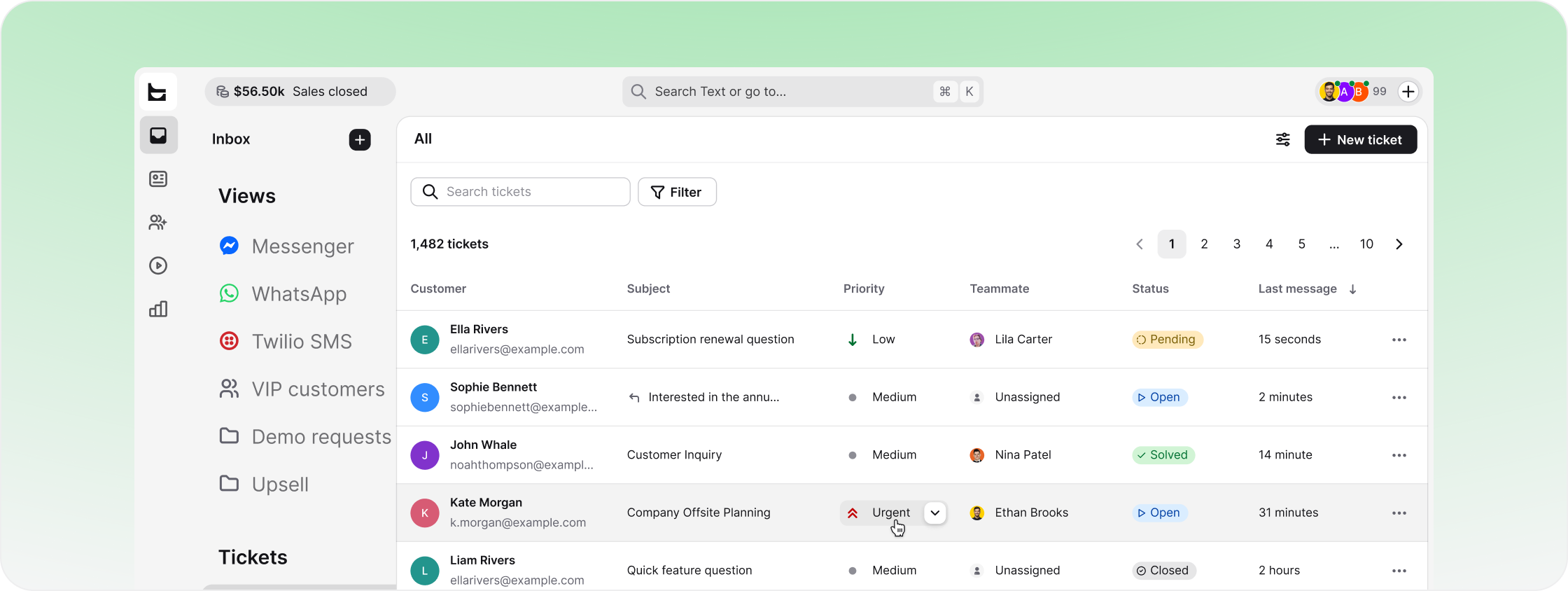 Ticket list in the HelpDesk AI help desk with priorities, teammates, and statuses