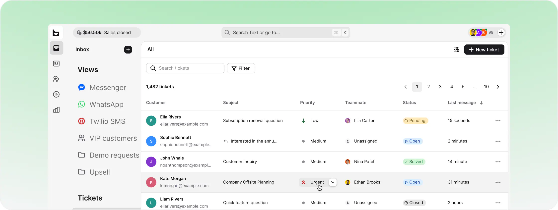 Ticket list in the HelpDesk.com AI help desk with priorities, teammates, and statuses
