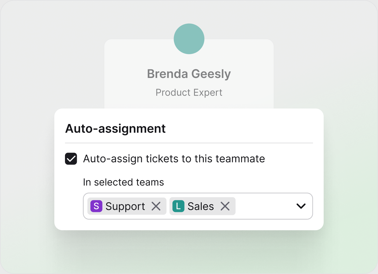 Auto-assignment settings assigning tickets to a teammate in selected teams in HelpDesk