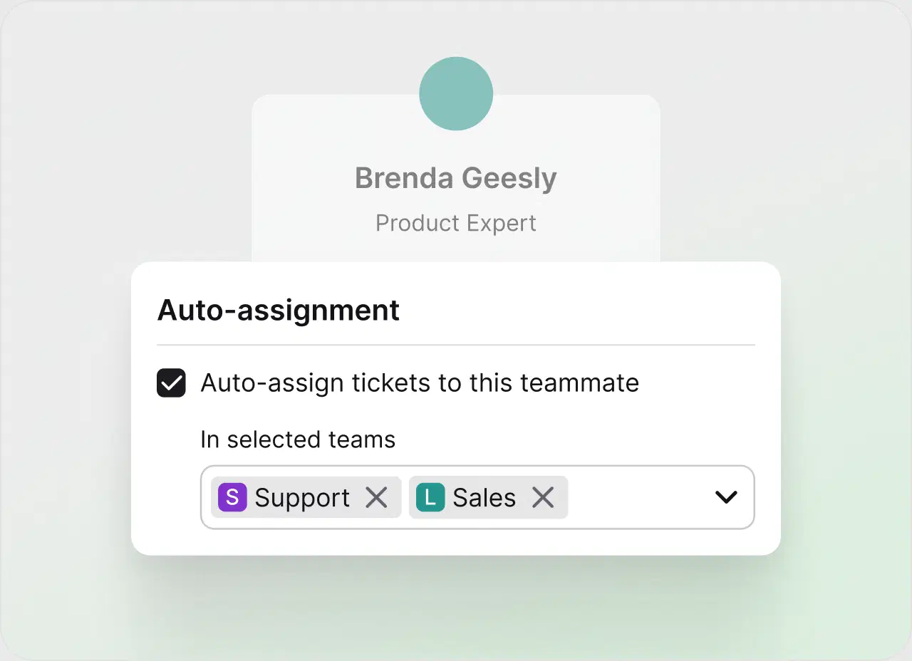 Auto-assignment settings assigning tickets to a teammate in selected teams in HelpDesk