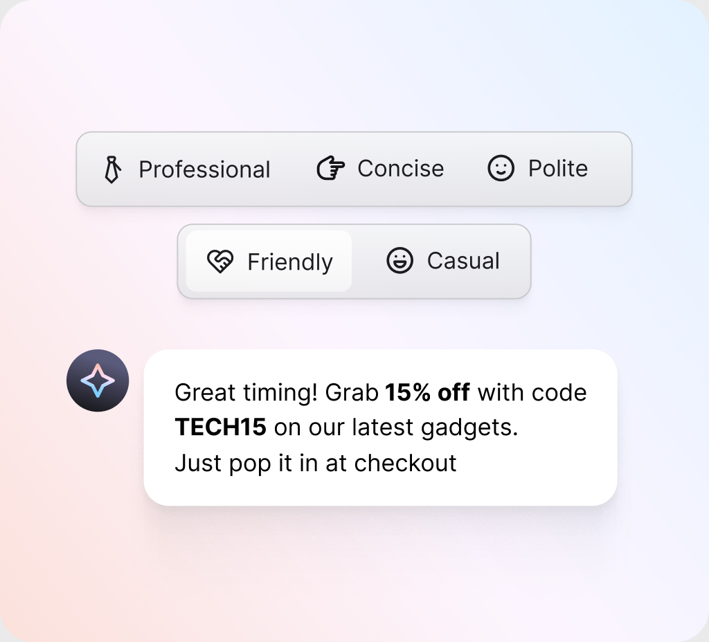 Tone options like professional, friendly, and casual applied to an AI reply
