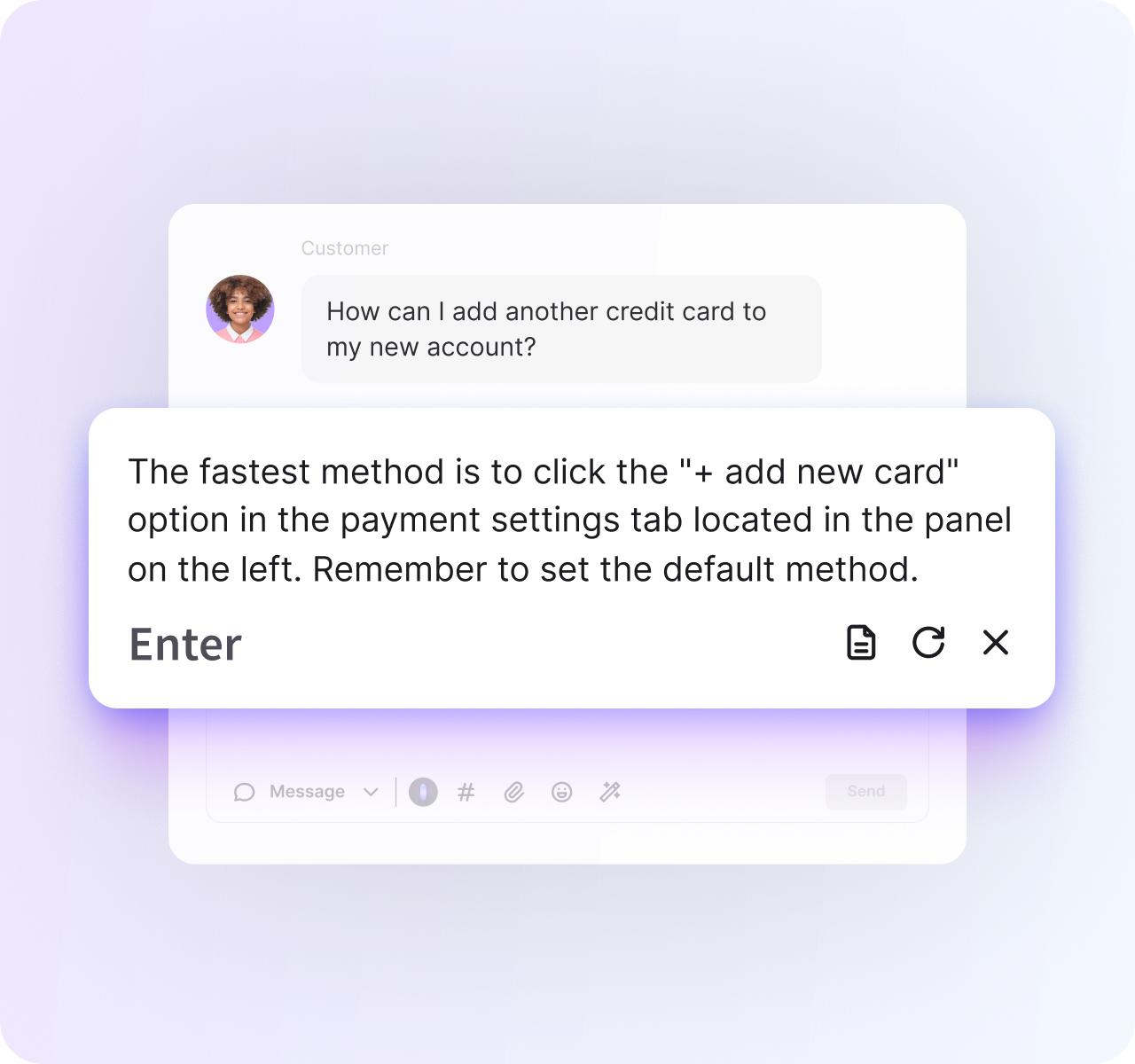 AI reply suggestion drafted from the knowledge base, ready to use in one click