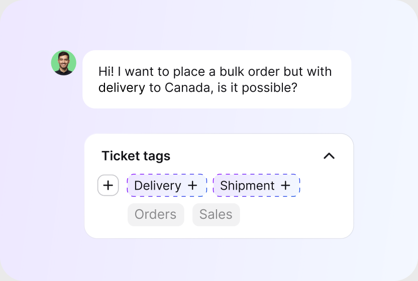 AI tag suggestions proposing delivery and shipment tags for a ticket