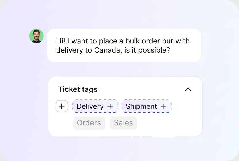 AI tag suggestions proposing delivery and shipment tags for a ticket
