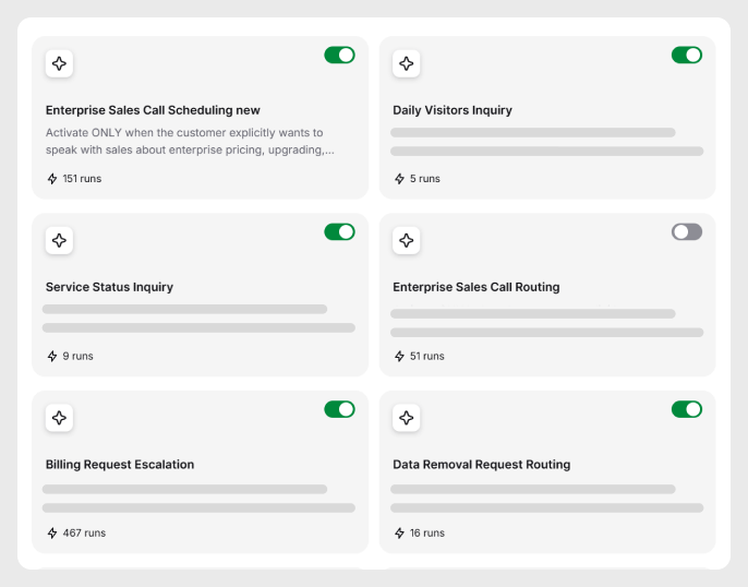 List of AI agent skills with toggles to enable or disable each one in HelpDesk