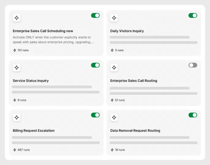 List of AI agent skills with toggles to enable or disable each one in HelpDesk