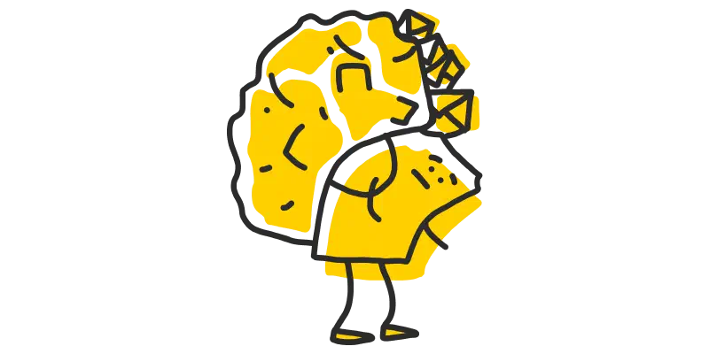 Unhappy ticket character who is bending under a heavy backpack.