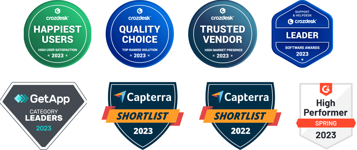 HelpDesk's awards: Happiest Users in 2023 in Crozdesk, Quality Choice in 2023 in Crozdesk, Trusted Vendor in 2023 in Crozdesk, Support & Helpdesk Leader in 2023 in Crozdesk, Category Leaders in 2023 in GetApp, Shortlist in 2022 and 2023 in Capterra, and Spring's High Performer in 2023 in G2