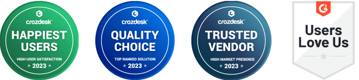 HelpDesk's awards: Happiest Users in 2023 in Crozdesk, Quality Choice in 2023 in Crozdesk, Trusted Vendor in 2023 in Crozdesk, Users Love Us in G2