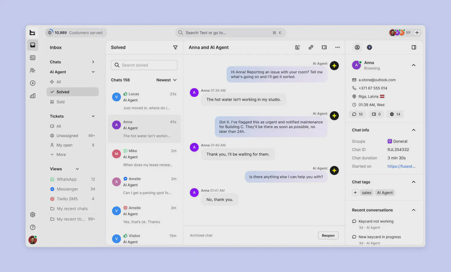 Text support inbox used to resolve a Fuse tenant maintenance issue