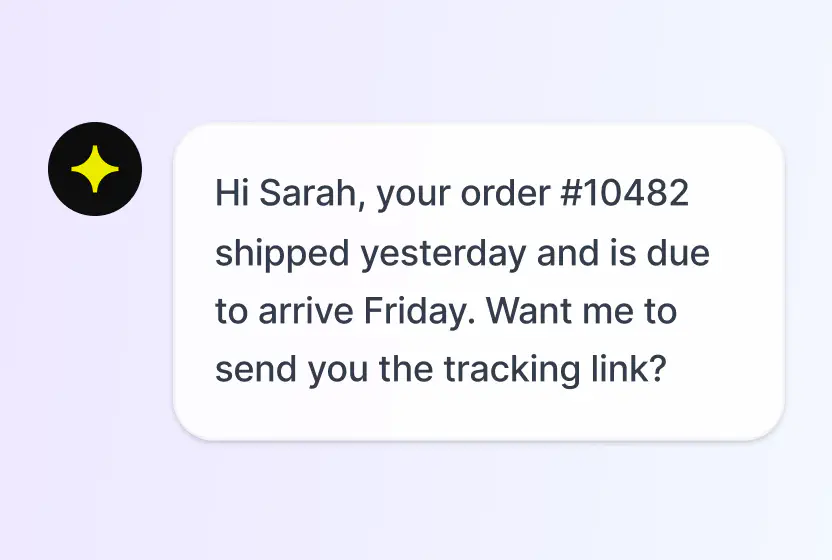 AI Agent chat message telling a customer their order shipped and offering the tracking link