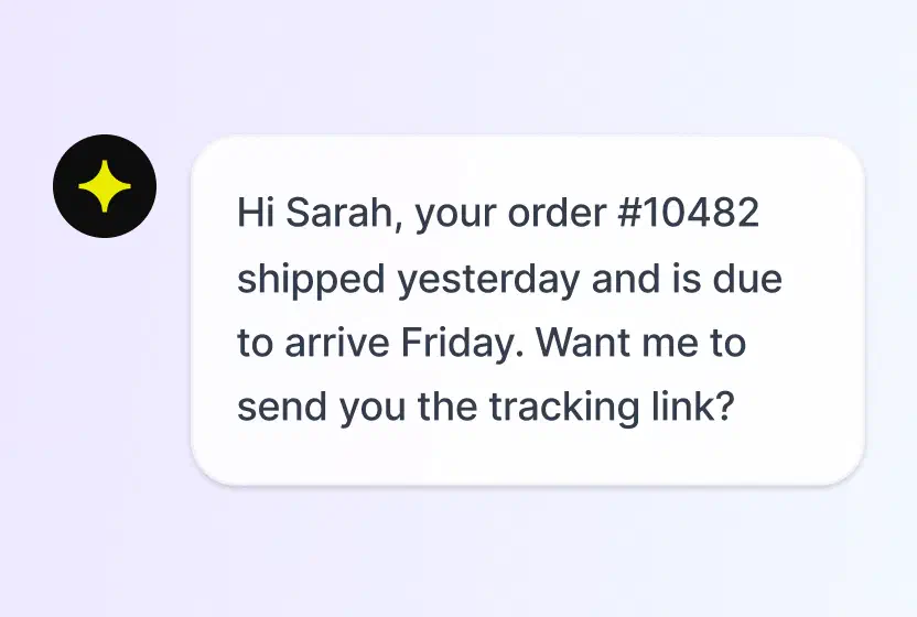AI Agent chat message telling a customer their order shipped and offering the tracking link