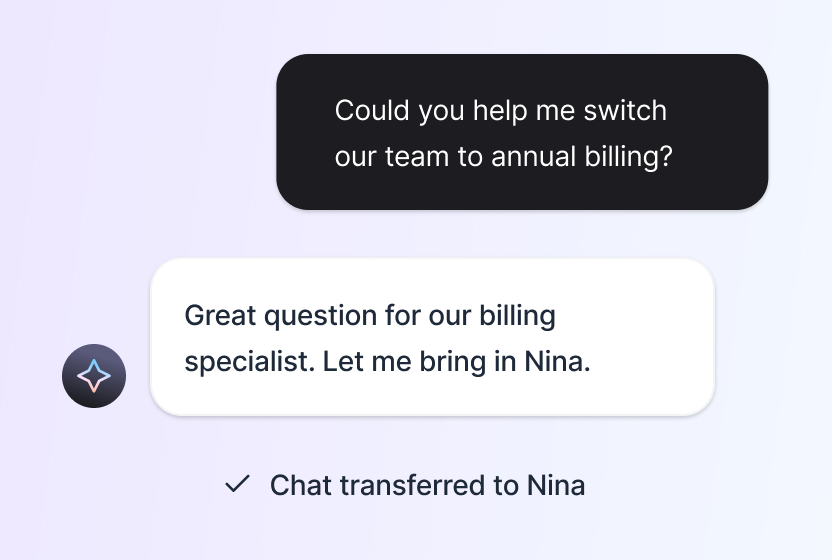 AI Agent transferring a billing chat to a specialist with full context