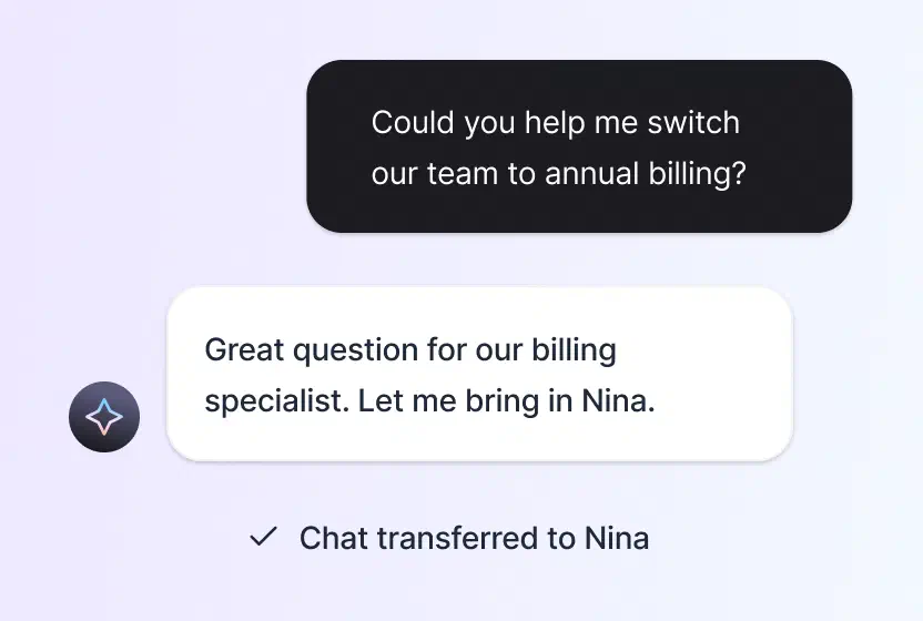 AI Agent transferring a billing chat to a specialist with full context