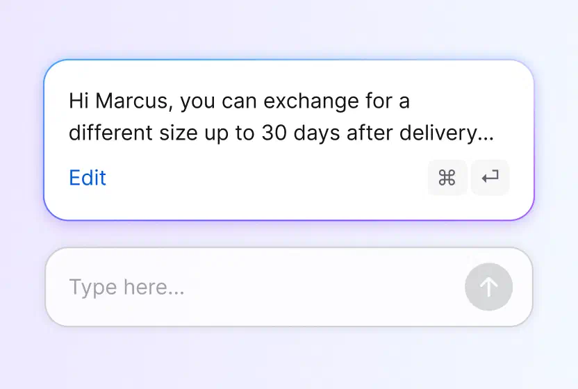 Suggested reply about a size exchange ready to edit and send