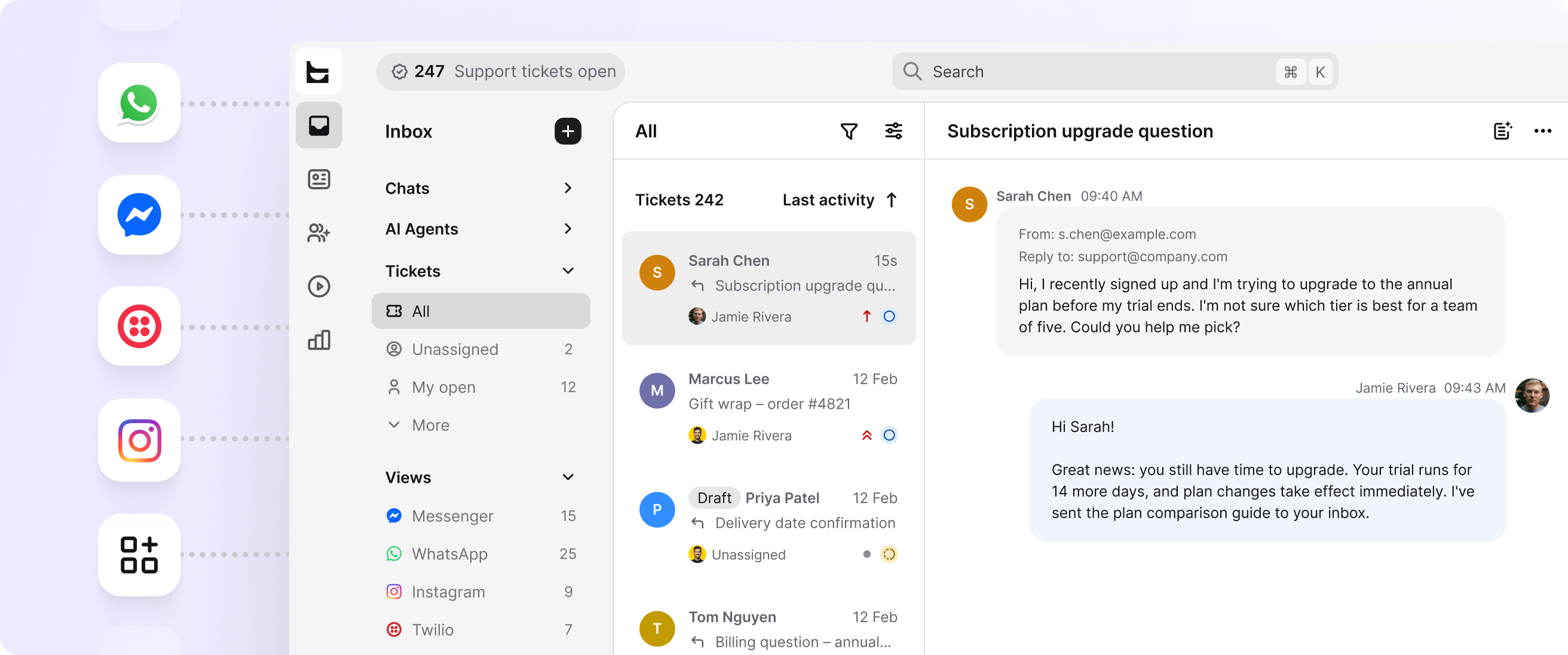 Customer tickets from WhatsApp, Messenger, Instagram, and Twilio SMS collected in one HelpDesk inbox with a subscription upgrade conversation open