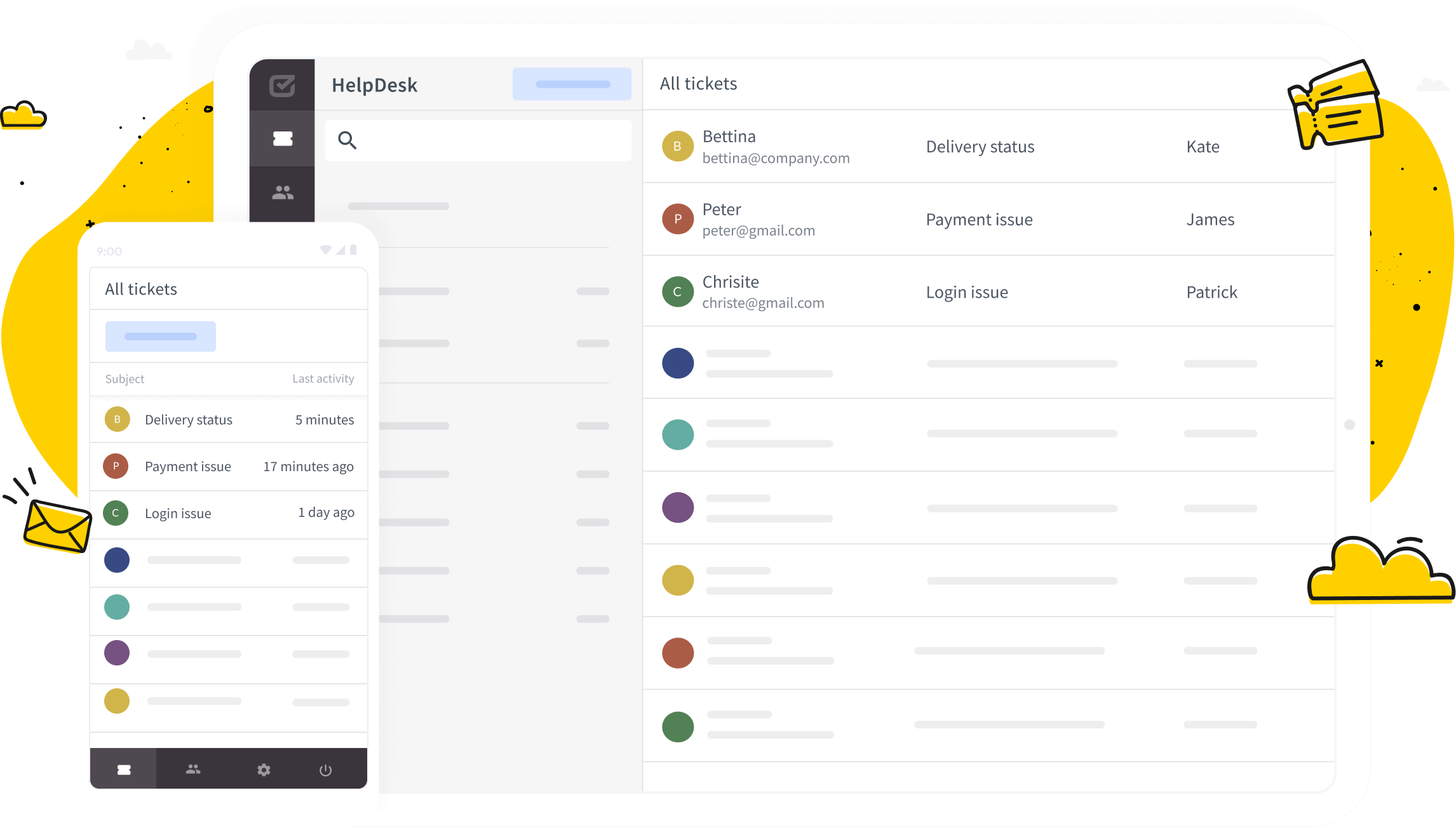 HelpDesk application on desktop and mobile with small illustrations of tickets, clouds, and evelopes