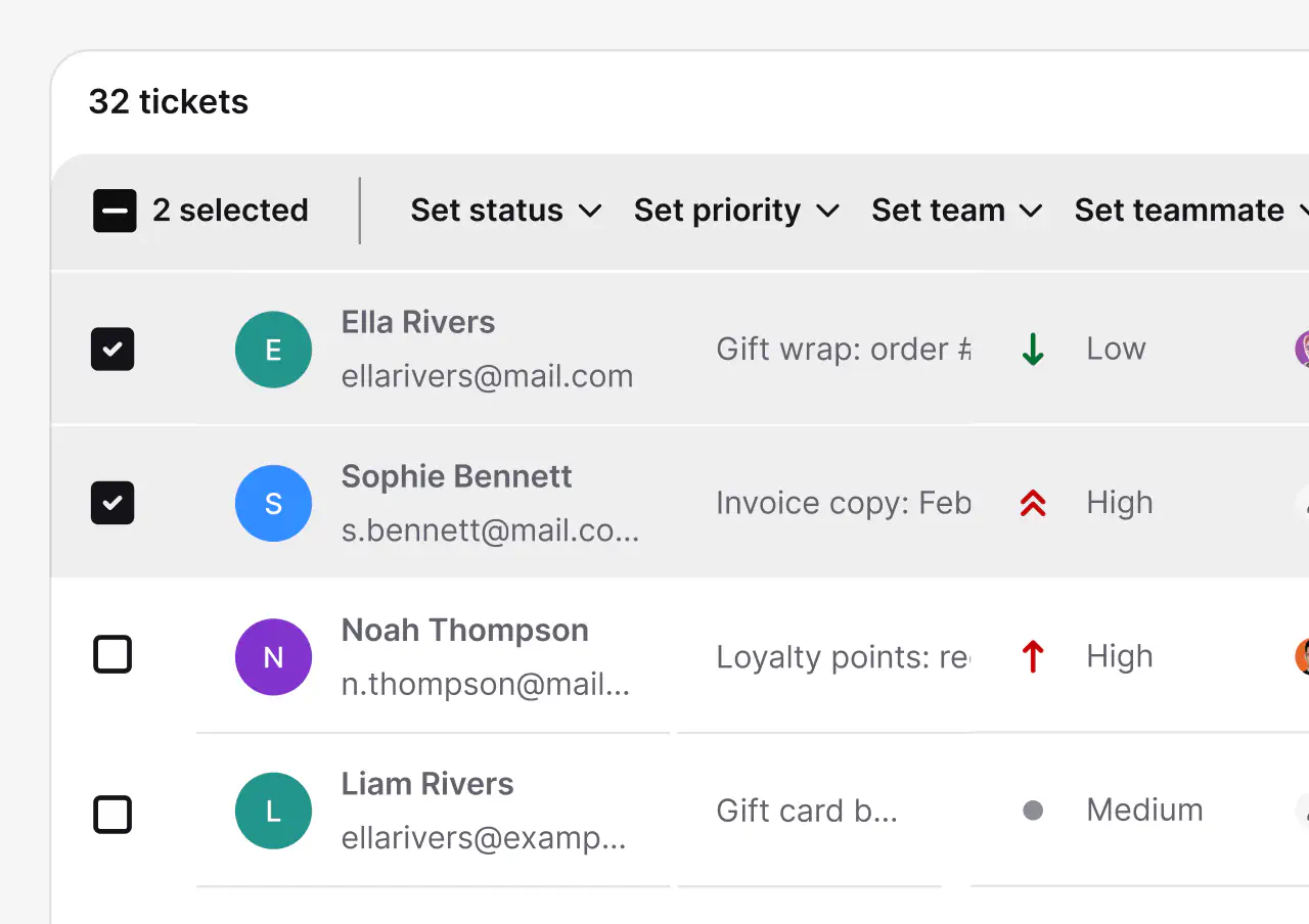 Bulk actions bar setting status, priority, team, and teammate on selected tickets