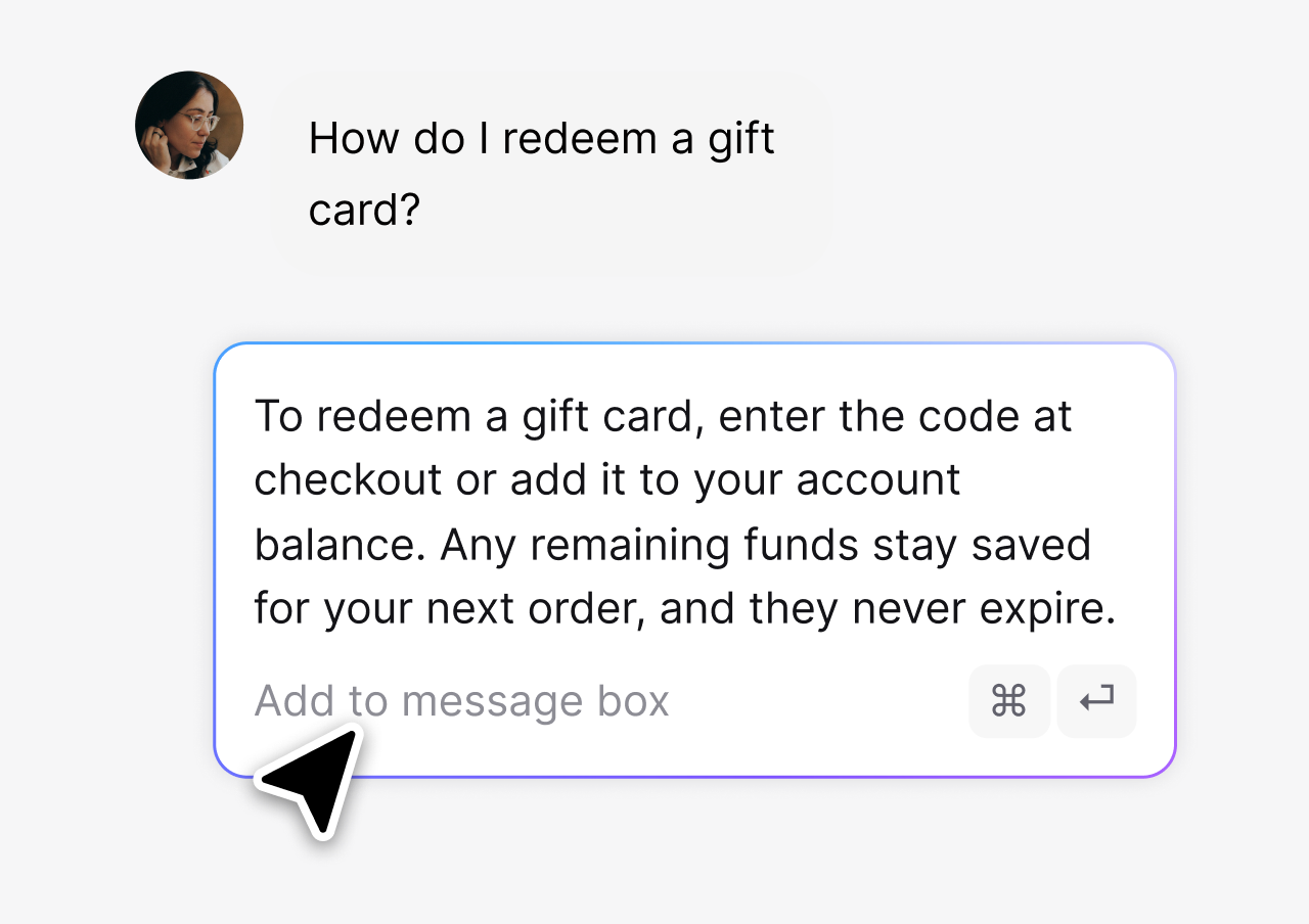 Canned response answering how to redeem a gift card in one click