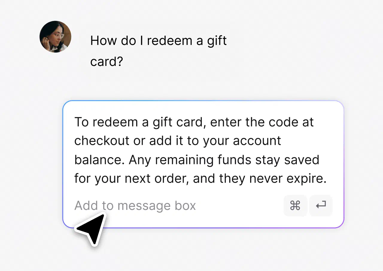Canned response answering how to redeem a gift card in one click