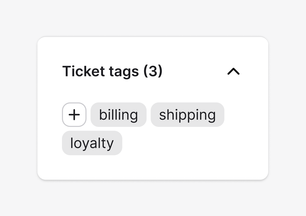 Ticket tags panel with billing, shipping, and loyalty tags on a support ticket