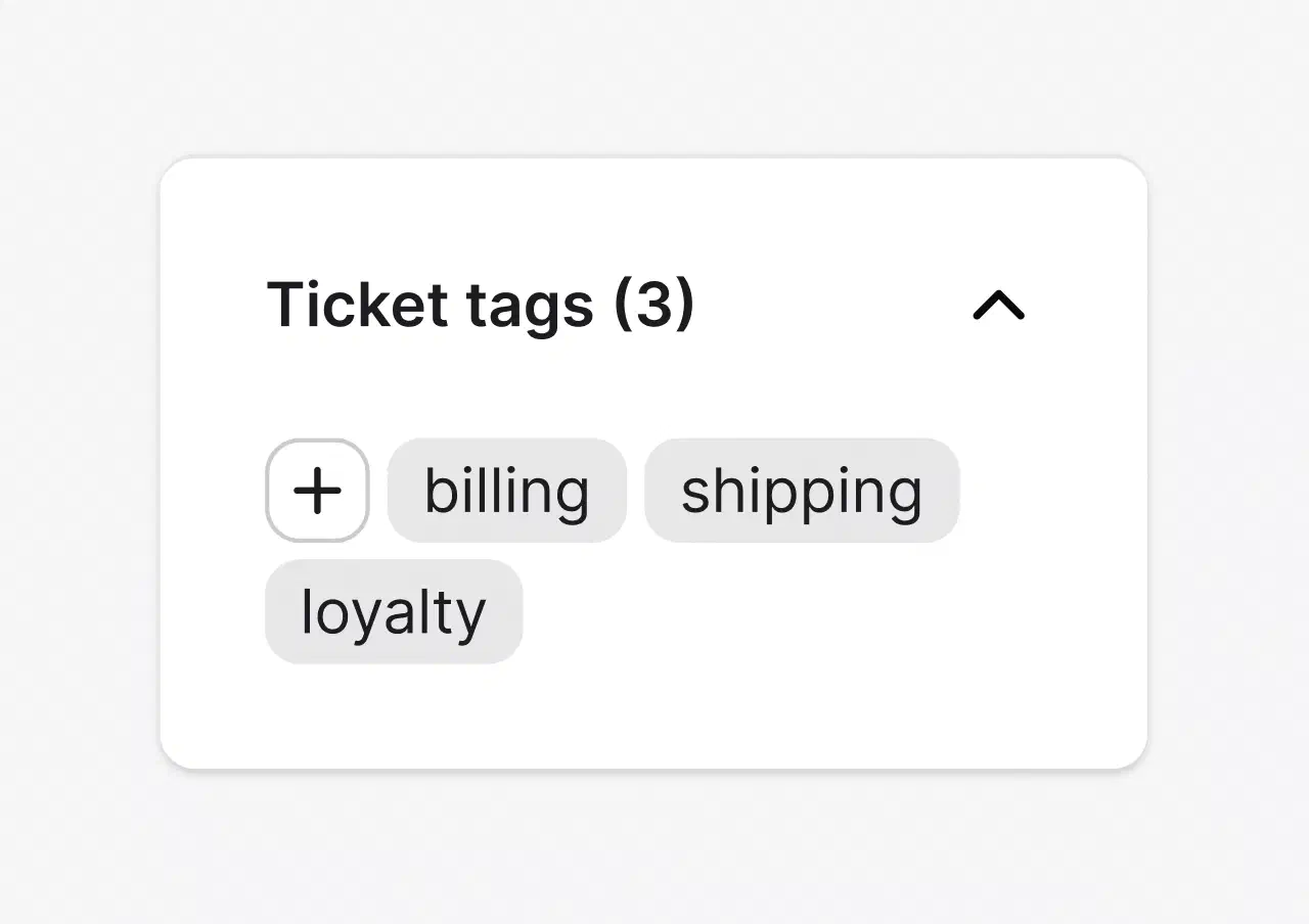 Ticket tags panel with billing, shipping, and loyalty tags on a support ticket