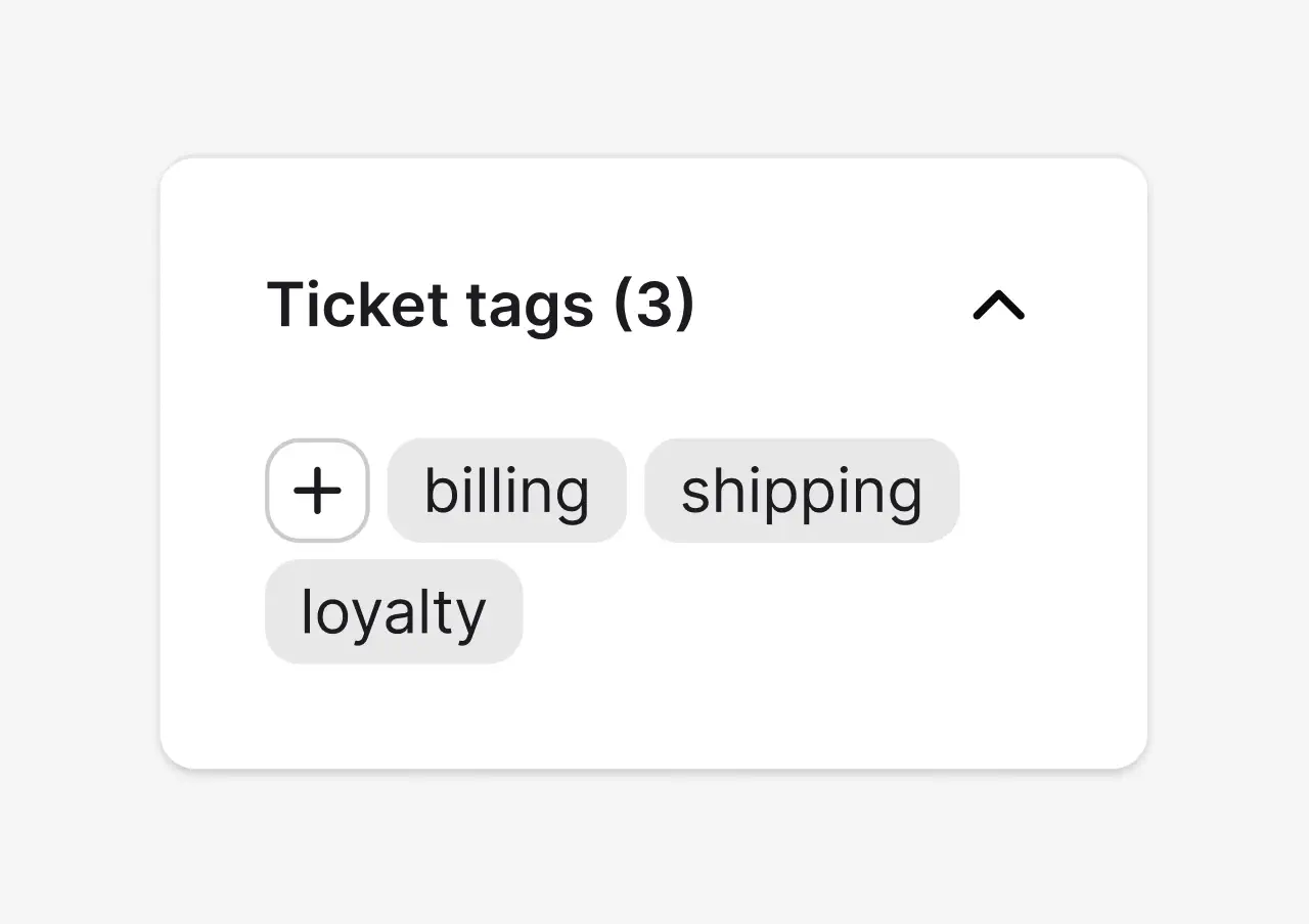 Ticket tags panel with billing, shipping, and loyalty tags on a support ticket