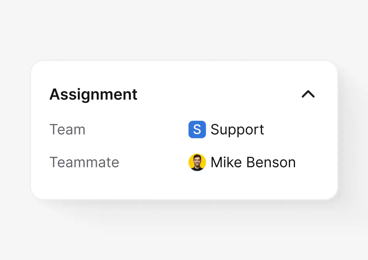 Assignment panel routing a ticket to the Support team and teammate Mike Benson