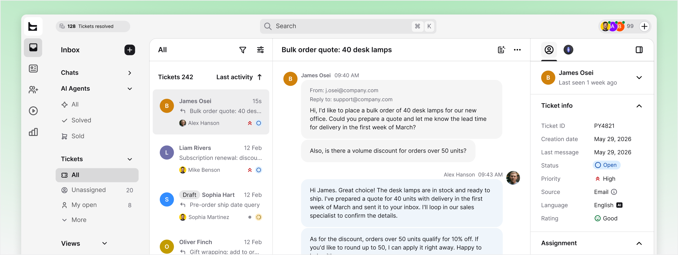 Bulk order ticket conversation with status, priority, and source details in HelpDesk
