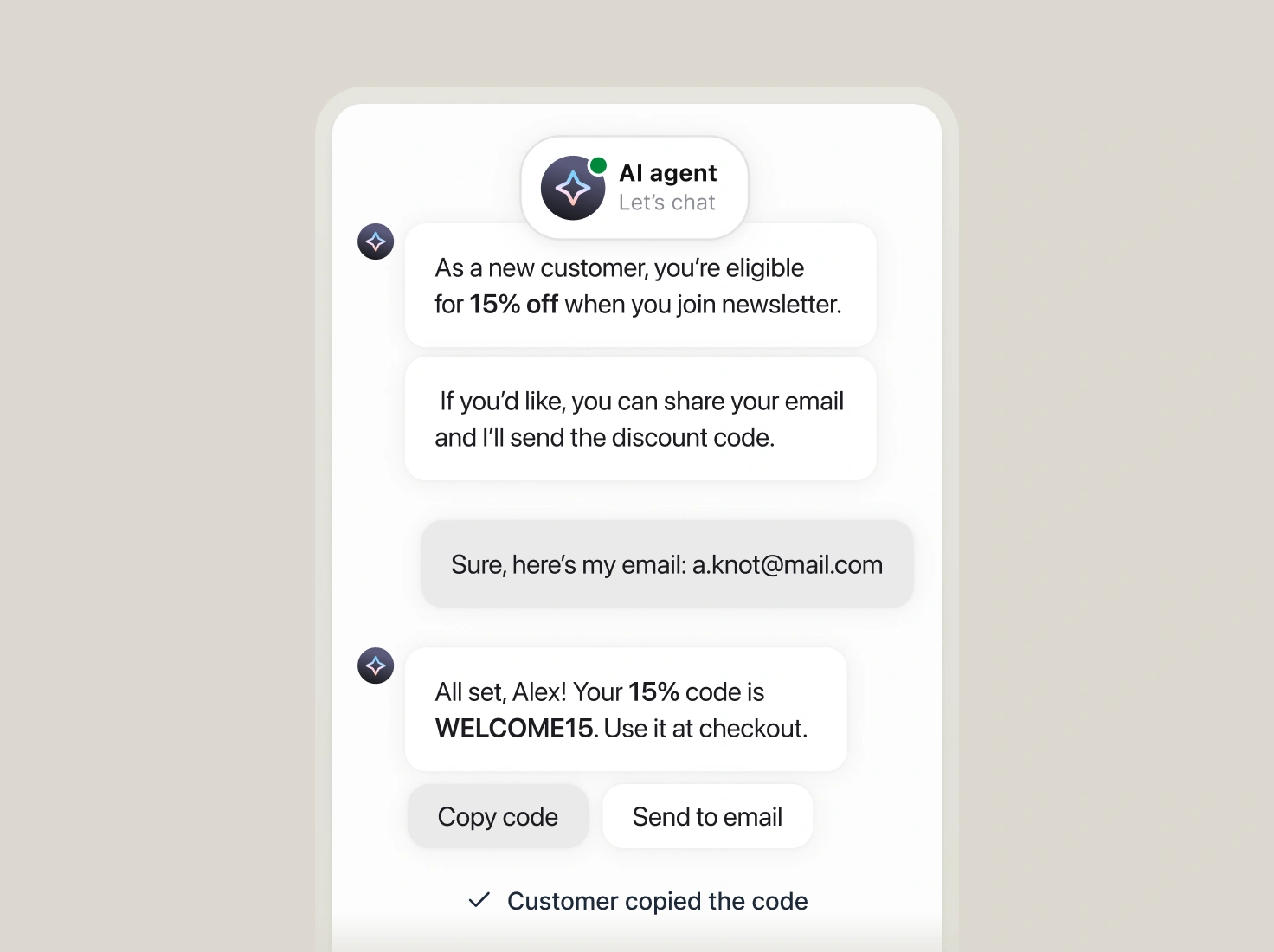 AI agent chat sharing a welcome discount code and capturing the shopper's email