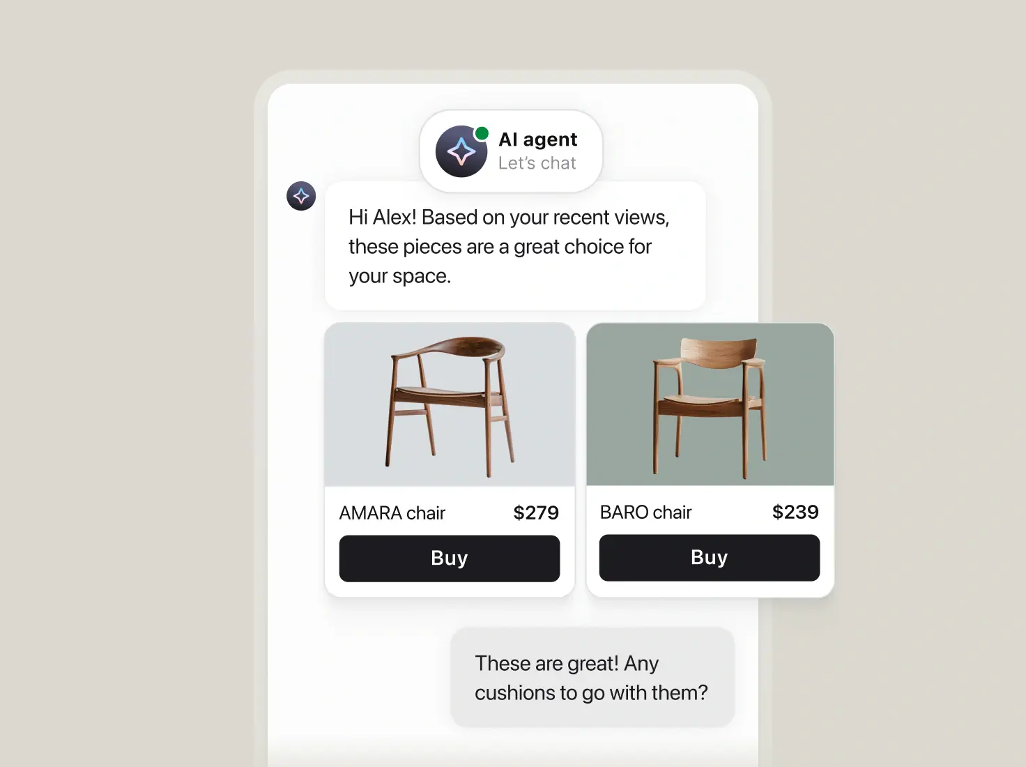AI agent chat recommending two chairs with prices and buy buttons