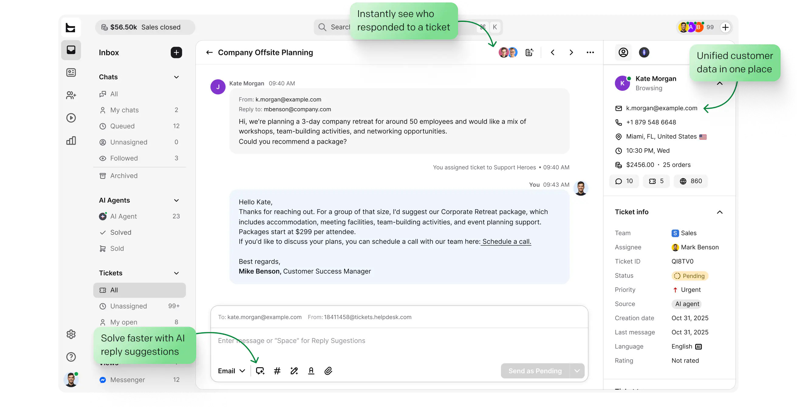 Ticket conversation in the HelpDesk CRM ticketing system with AI reply suggestions and unified customer data beside the thread
