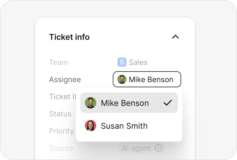 Assignee picker routing a ticket to a teammate in HelpDesk.com