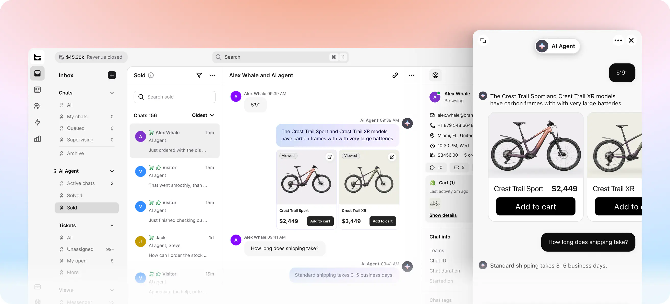 Pre-sale chat and support context for the same customer thread in HelpDesk.com
