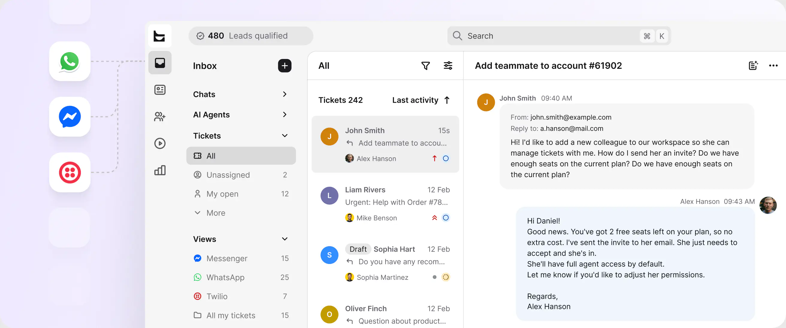 Omnichannel inbox with Messenger, WhatsApp, and SMS conversations feeding one ticket queue in HelpDesk.com