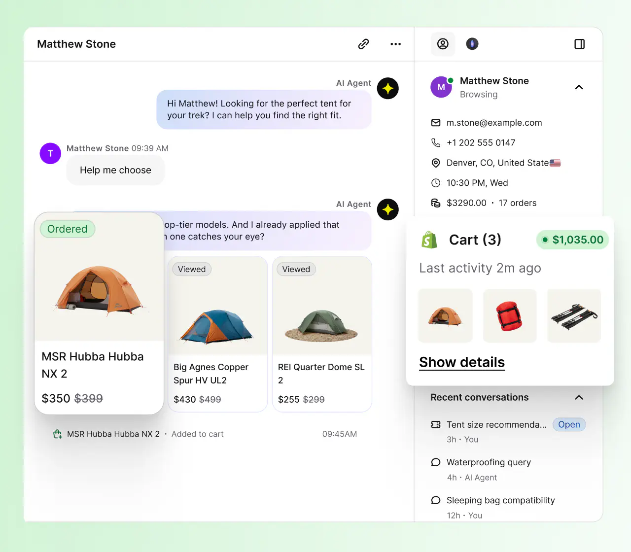 Ecommerce help desk in HelpDesk.com with the AI Agent recommending products next to the customer's Shopify cart and order history