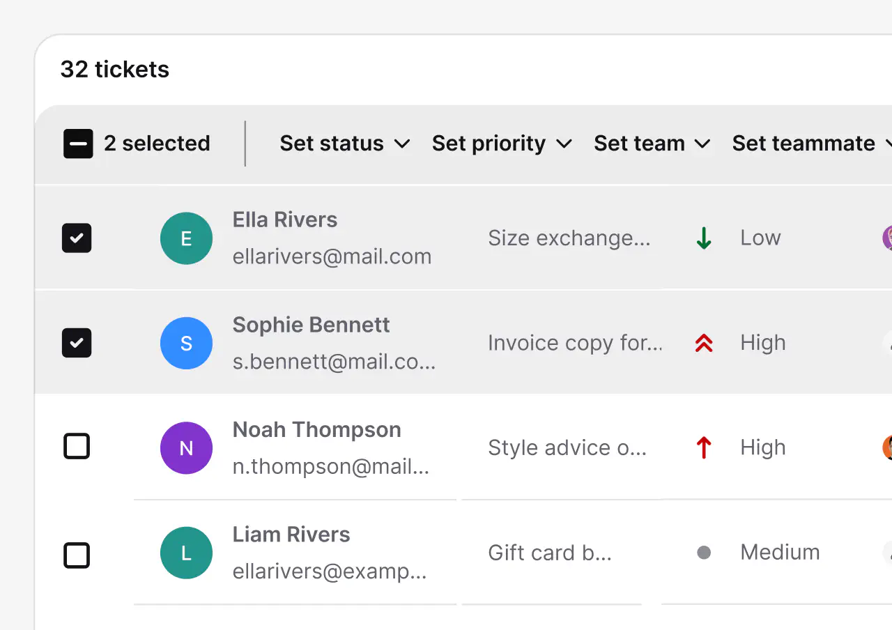 Bulk actions bar setting status, priority, team, and teammate on selected tickets