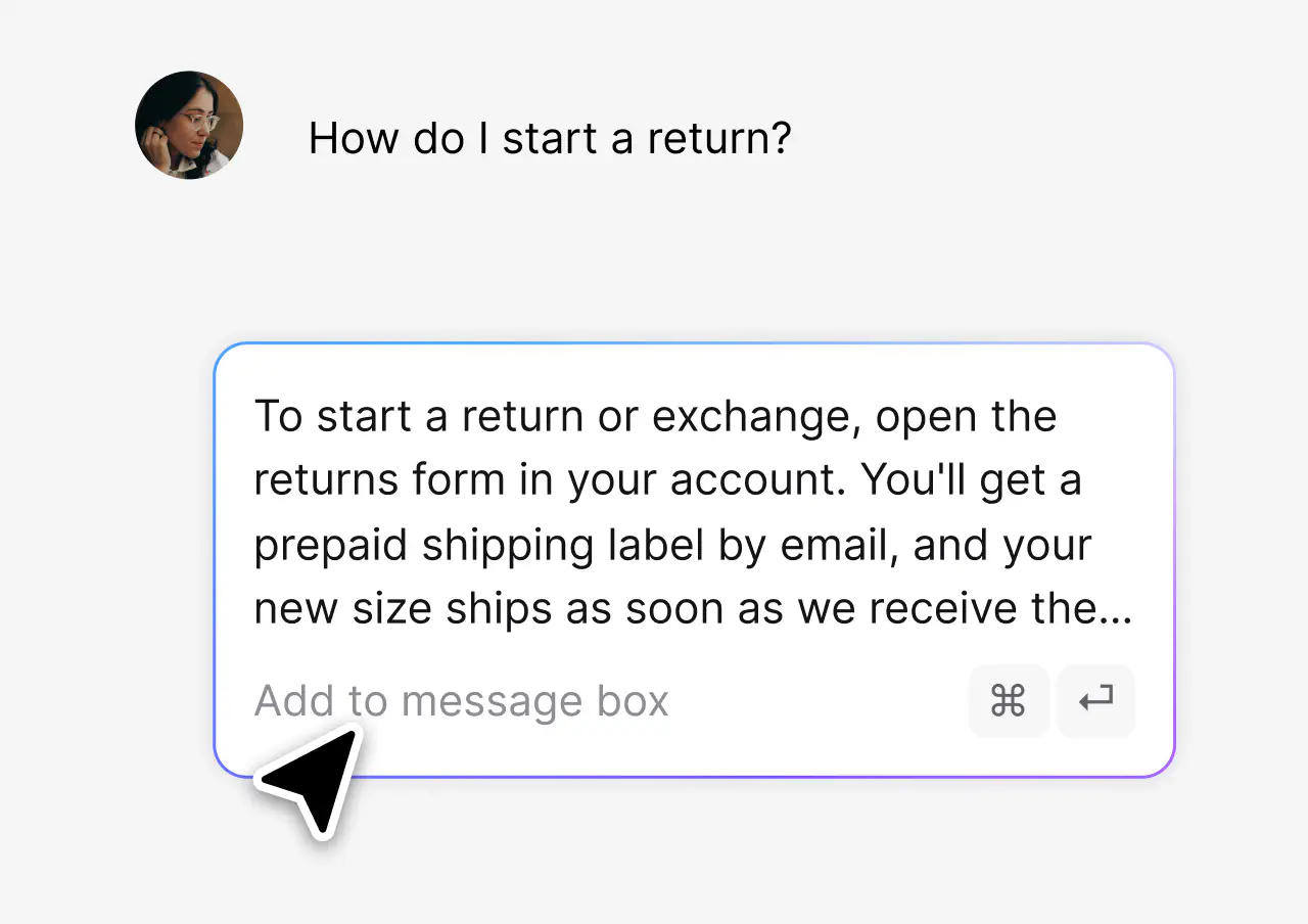 Canned response answering how to start a return in one click