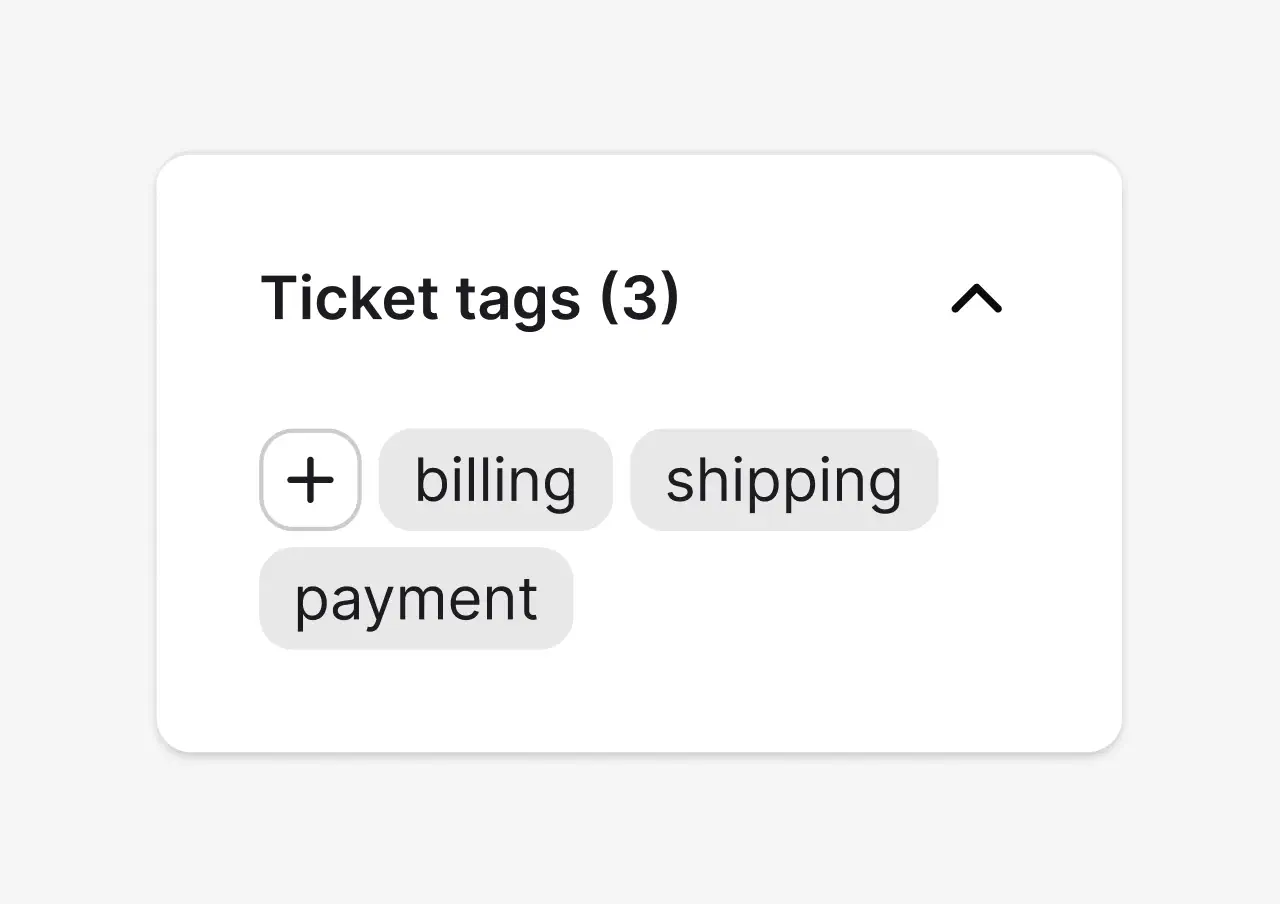 Ticket tags panel with billing, shipping, and loyalty tags on a support ticket