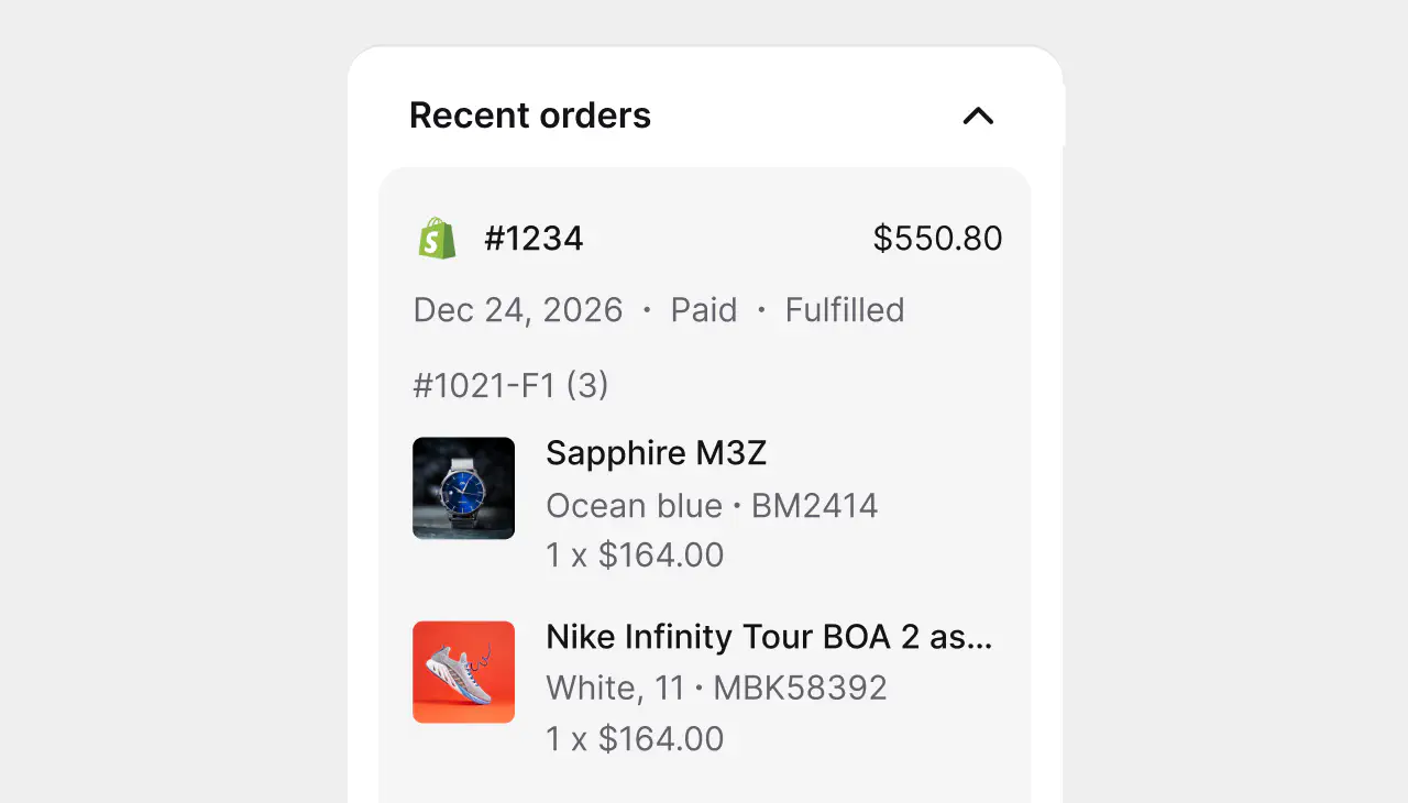 Recent Shopify orders panel showing a customer's purchase history in HelpDesk.com