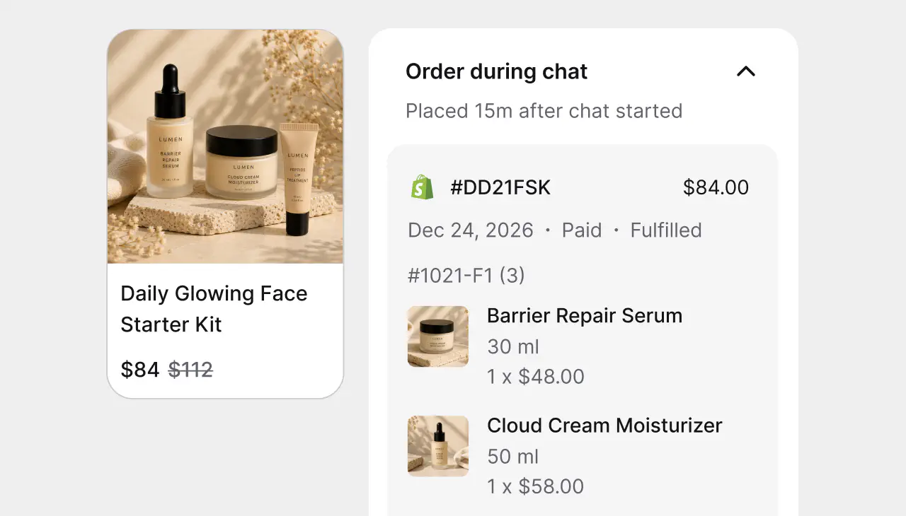 Shopify order panel with products, prices, and fulfillment status next to the conversation in HelpDesk.com