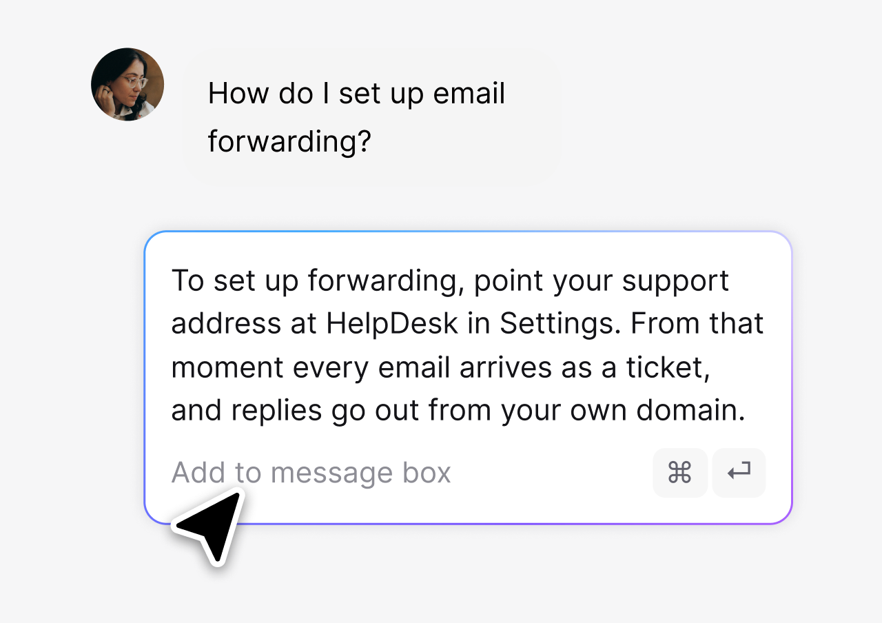 Canned response picker inserting a saved reply into an email ticket in HelpDesk.com