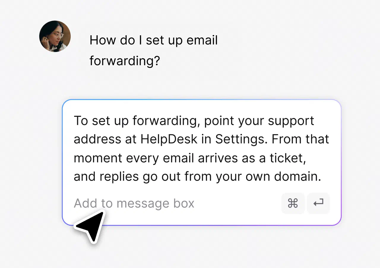 Canned response picker inserting a saved reply into an email ticket in HelpDesk.com