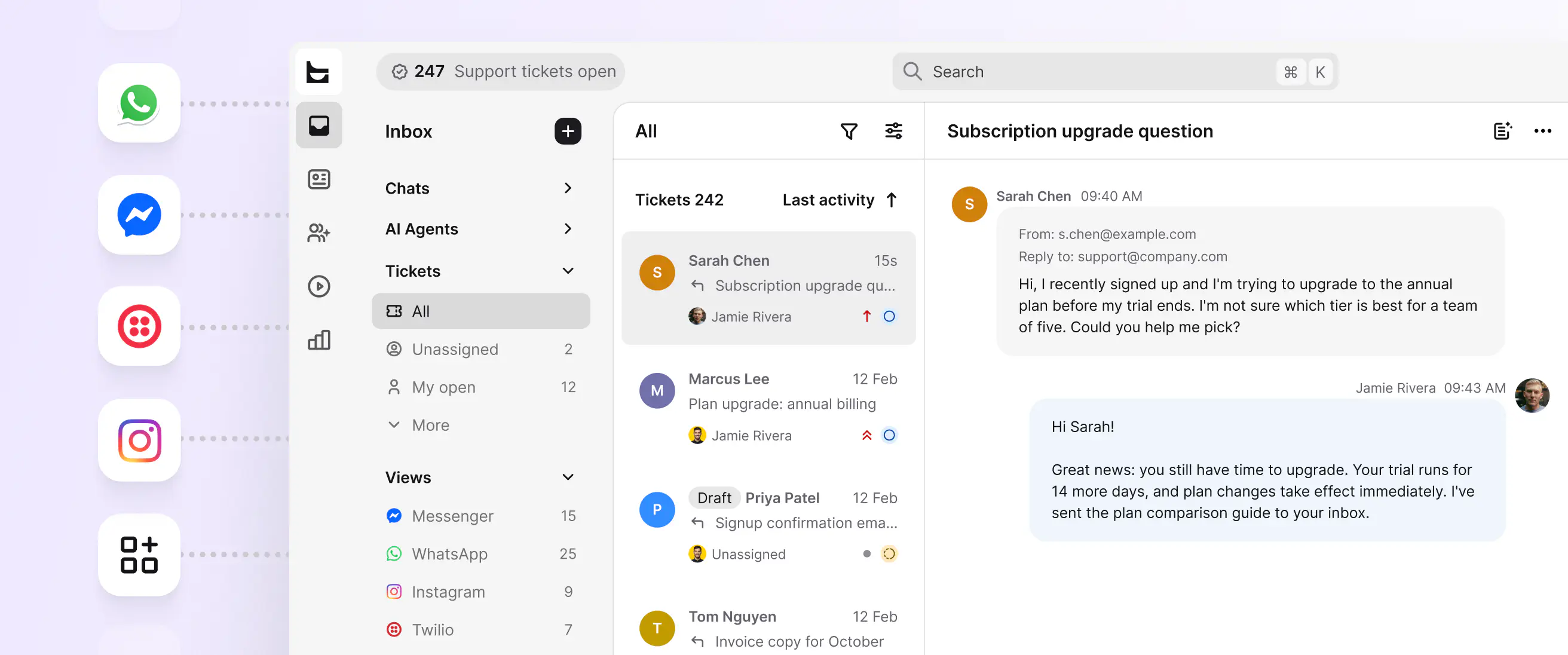 Unified inbox in HelpDesk.com with tickets from email, native live chat, Messenger, WhatsApp, and SMS