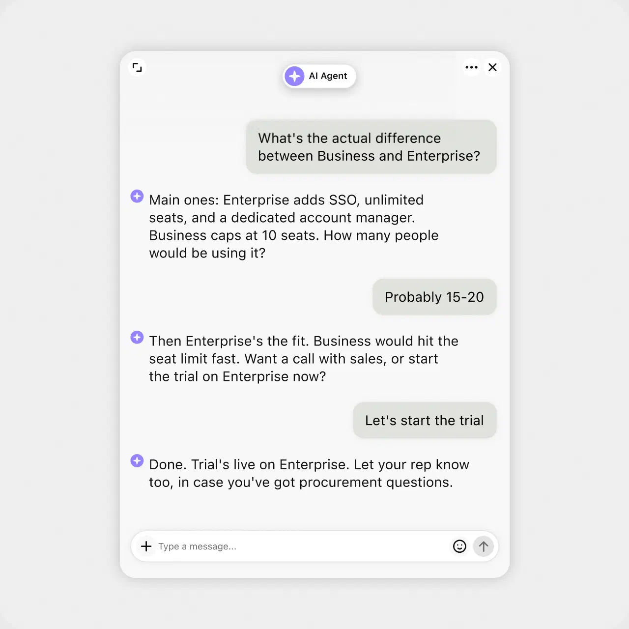 AI agent chat comparing plans and starting a trial