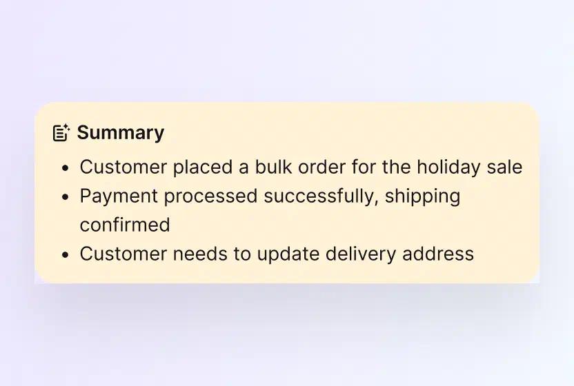 AI ticket summary listing the core issue and next steps in HelpDesk.com