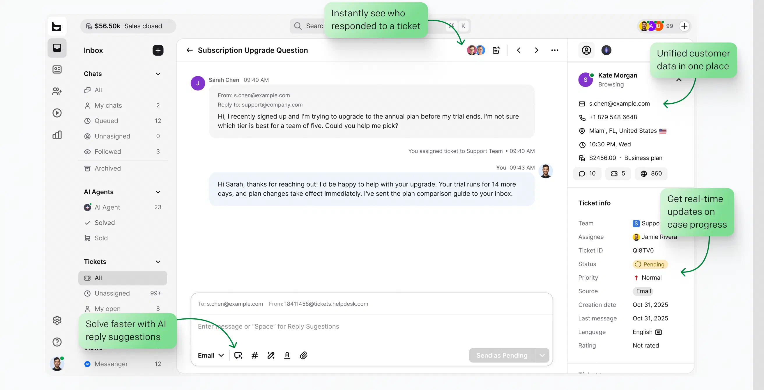 Solve: support ticket with AI reply suggestions and unified customer data in HelpDesk.com
