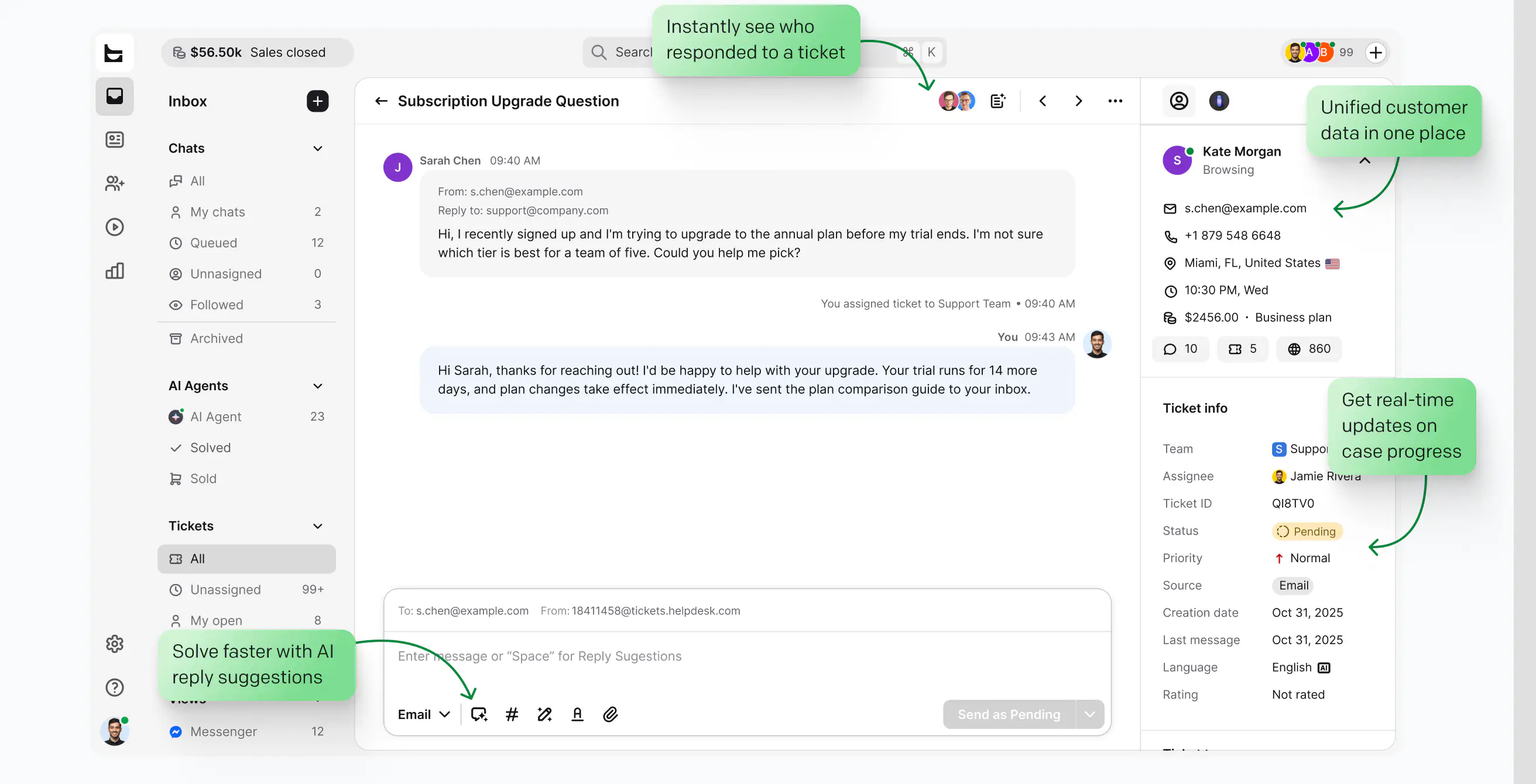 Solve: support ticket with AI reply suggestions and unified customer data in HelpDesk.com